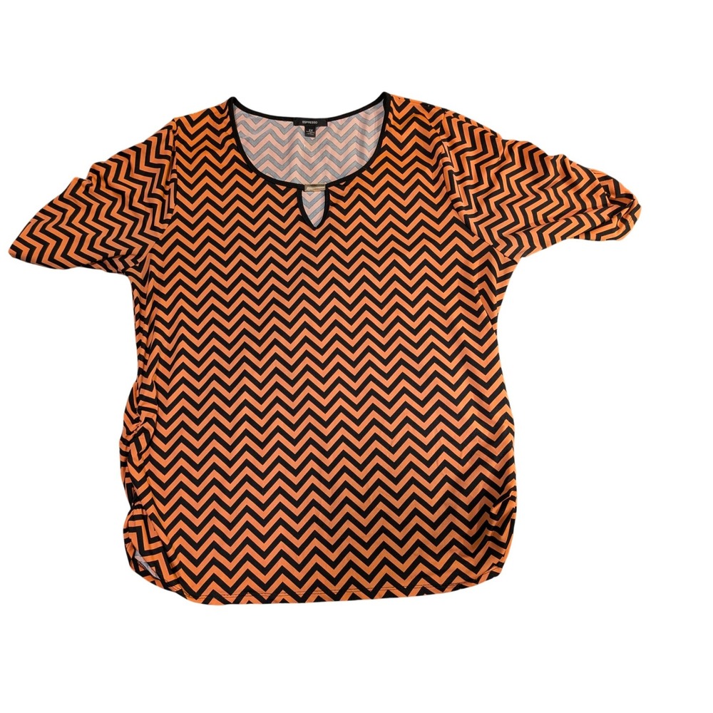 Espresso Womens 2X Orange Black Chevron Ruched Keyhole Metal Bar Blouse Top